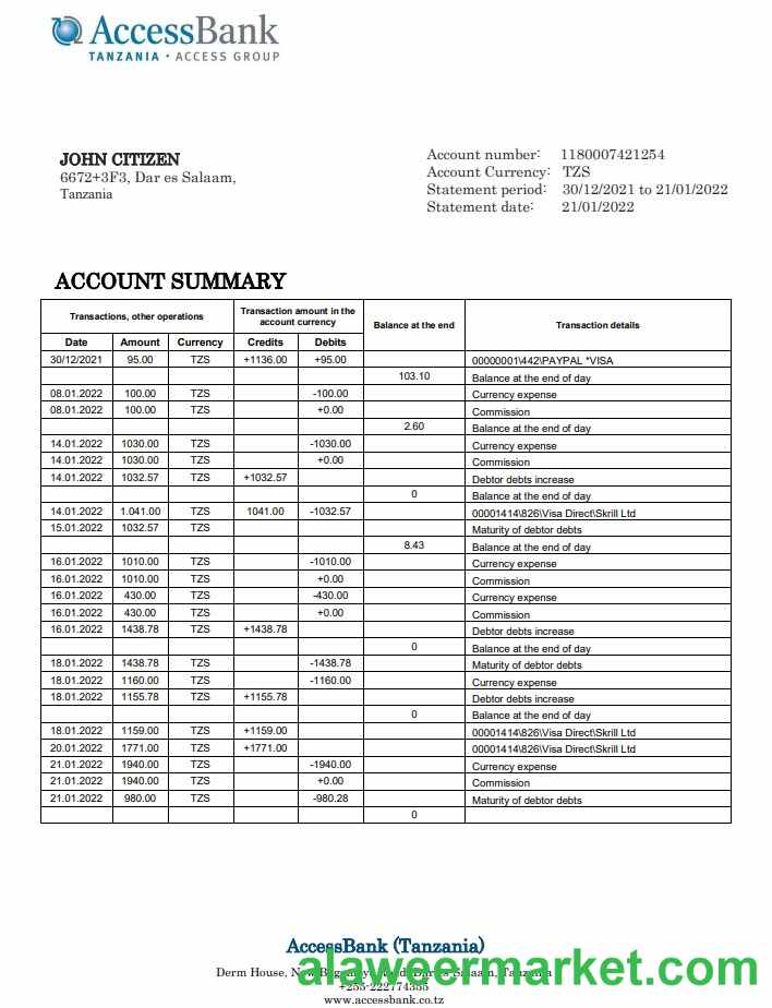 Tanzania Access Bank statement